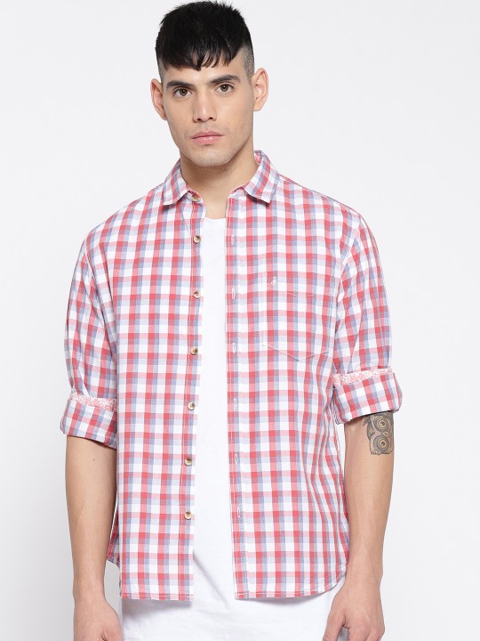 Men White & Pink Regular Fit Checked Casual Shirt 39