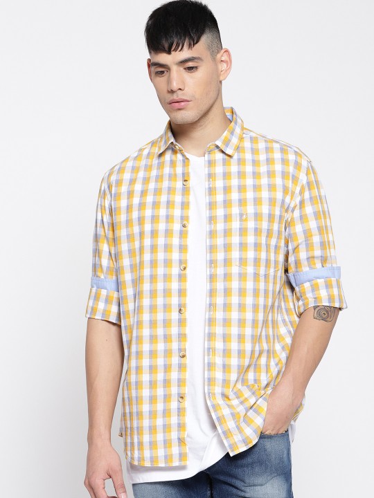 Men White & Yellow Regular Fit Checked Casual Shirt 39