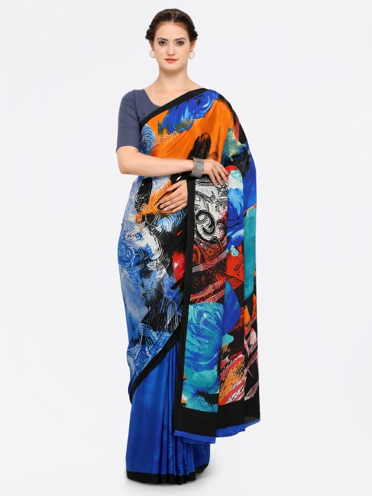 Blue Printed Poly Crepe Saree