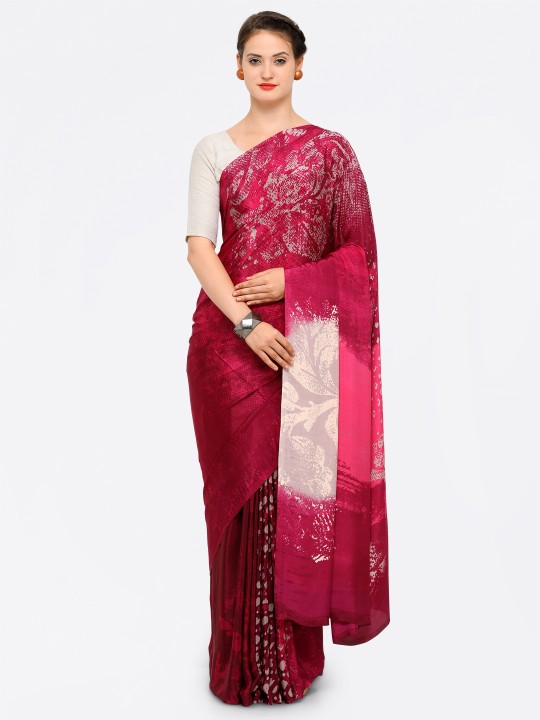 Maroon Printed Poly Crepe Saree