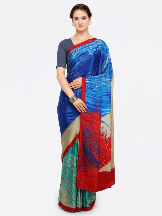 Blue & Beige Poly Crepe Printed Saree