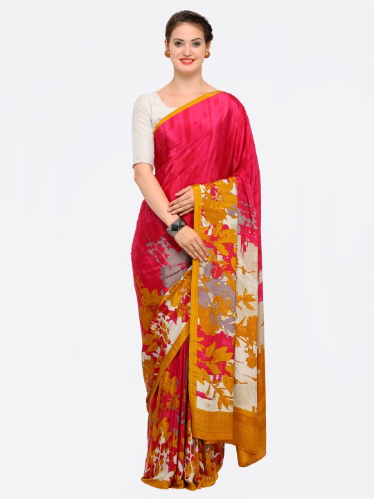 Pink & Mustard Yellow Printed Poly Crepe Saree
