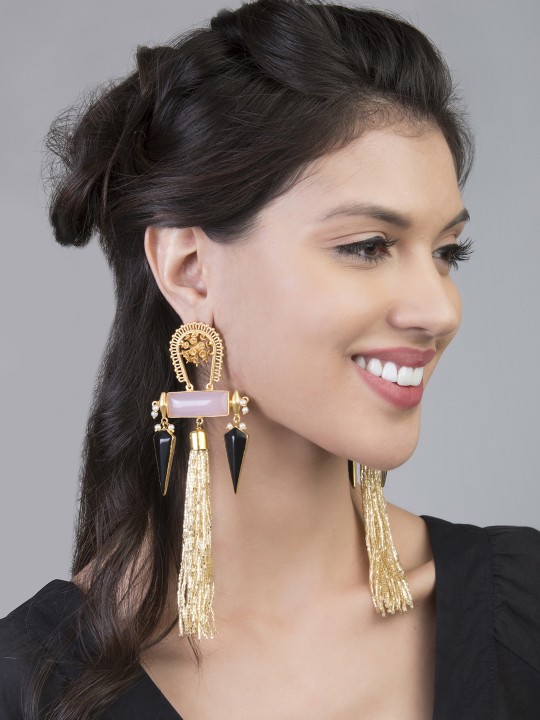 Gold-Toned & Black Handcrafted Contemporary Drop Earrings