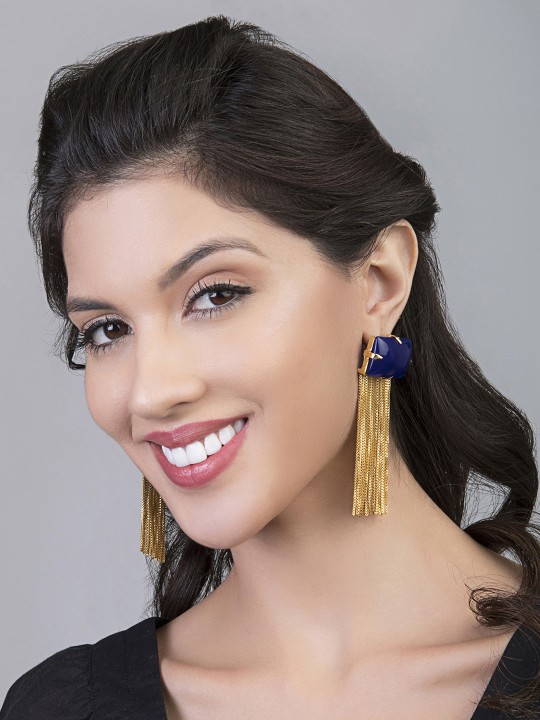 Gold-Toned & Navy Blue Contemporary Handcrafted Drop Earrings