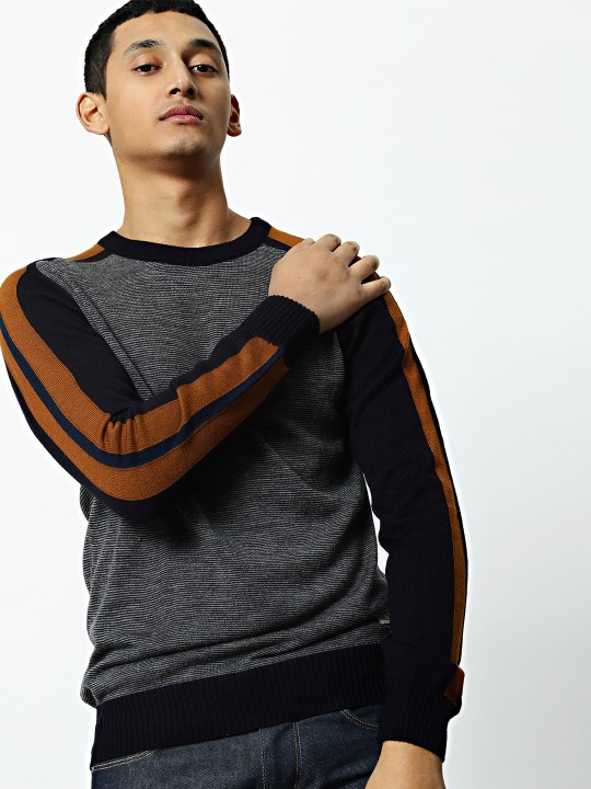 Men Grey Self Striped Sports Jumper S