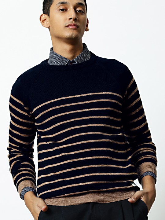 Men Navy Blue & Beige Striped Piccasso Pullover S