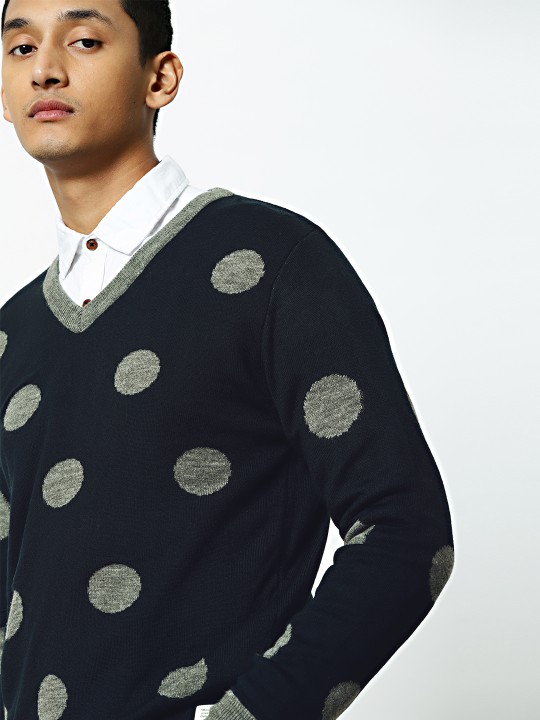 Men Navy Blue & Grey Many Moon Pullover S
