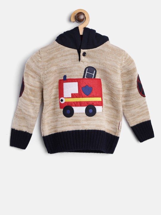 Boys Beige & Navy Applique Hooded Sweater 6-12M