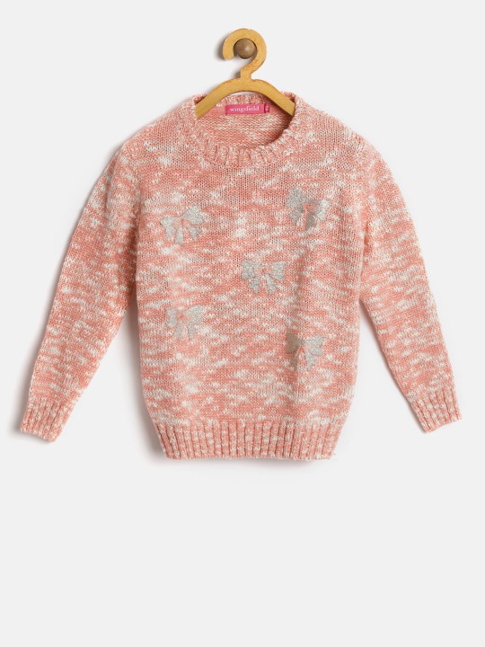 Girls Peach-Coloured & White Self Design Pullover 7-8Y