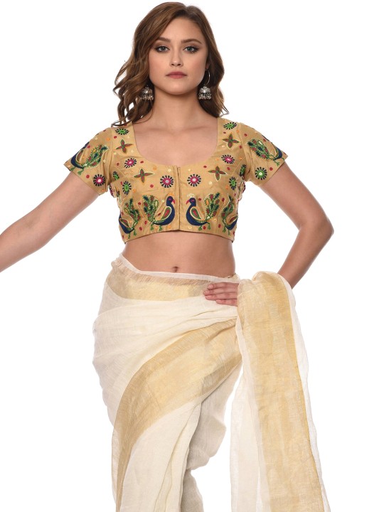 Women Beige Saree Blouse XS