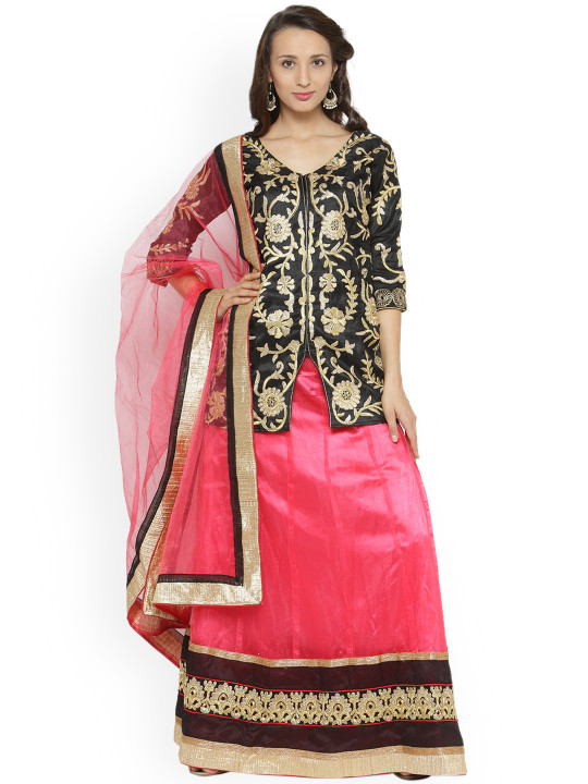 Pink & Black Embellished Semi-Stitched Lehenga & Blouse with Dupatta