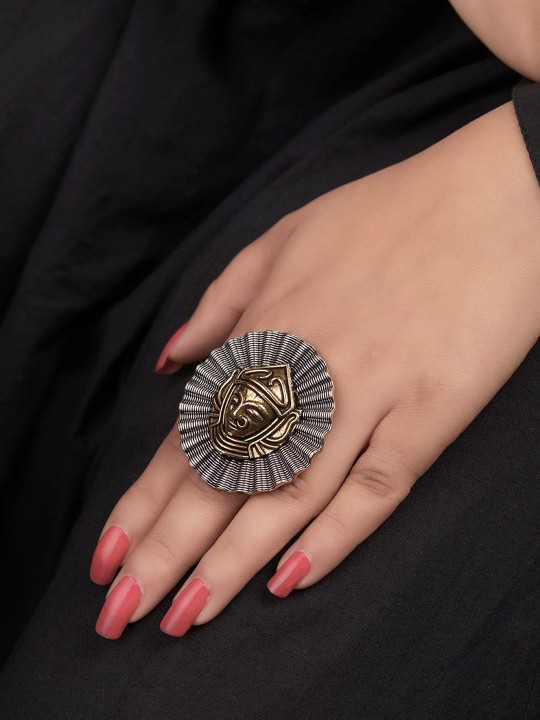 Women Oxidised Silver-Toned & Antique Gold-Toned Goddess Durga Textured Ring