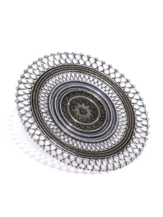 Women Oxidised Silver-Toned & Antique Gold-Toned Tribal Textured Adjustable Ring