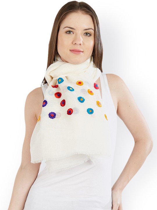 Women White & Multicoloured Embroidered Stole