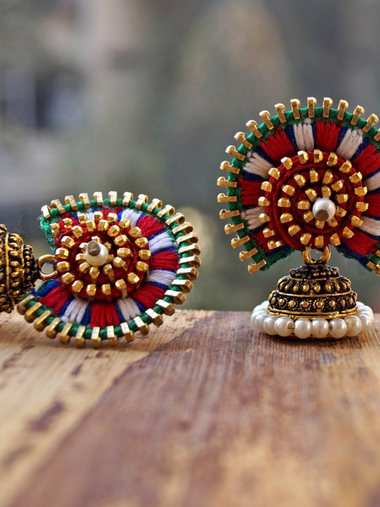 Gold-Toned & Red Contemporary Jhumkas