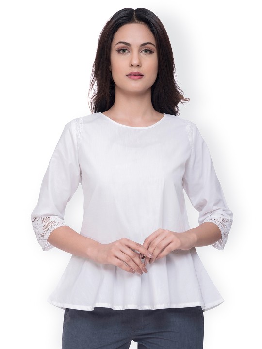Women White Solid Peplum Top XS