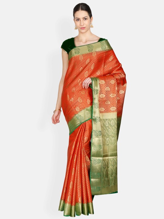 Orange & Green Art Silk Solid Kanjeevaram Saree