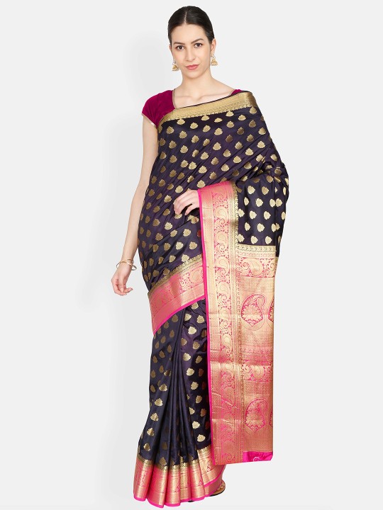 Navy Blue & Pink Art Silk Solid Kanjeevaram Saree
