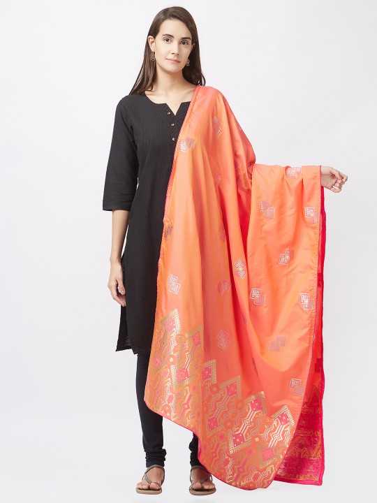 Peach-Coloured & Gold-Toned Woven Design Dupatta
