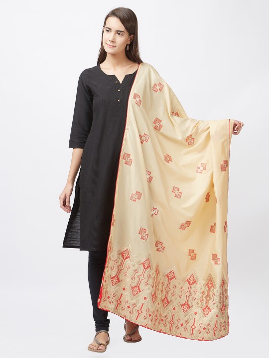 Cream-Coloured & Red Woven Design Dupatta
