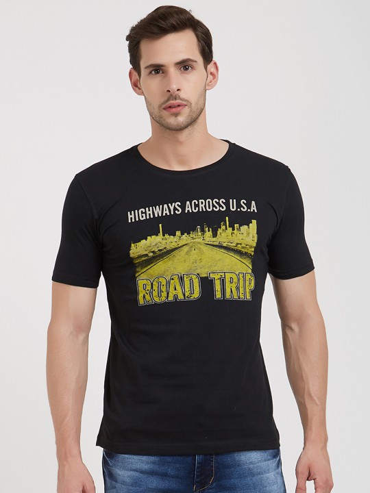 Men Black Printed Round Neck T-shirt M