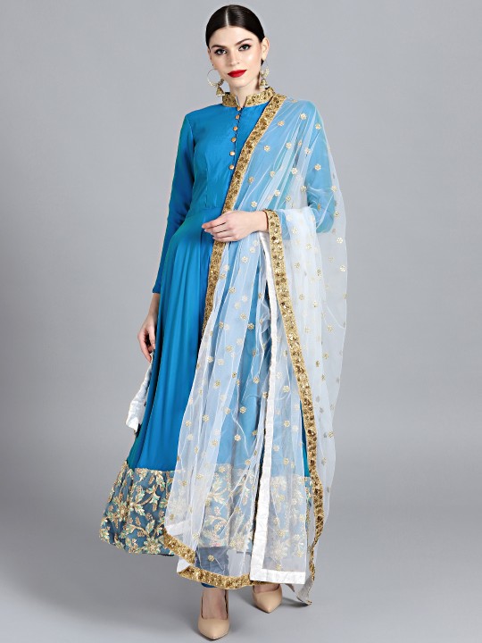 Blue & White Made to Measure Kurta with Churidar & Dupatta 34/52