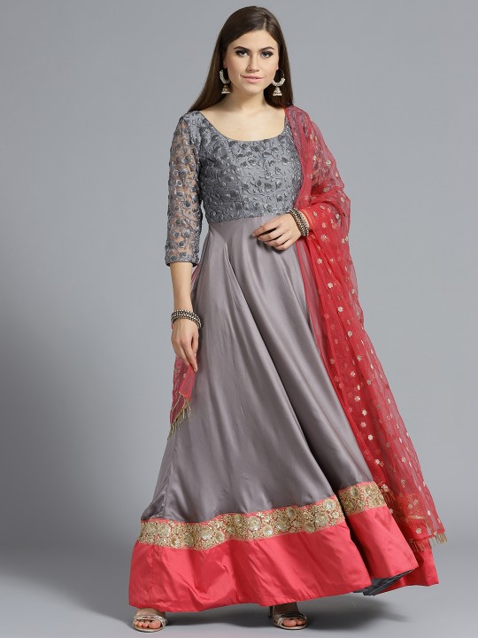 Grey & Pink Made to Measure Solid Kurta with Trousers & Dupatta 34/52