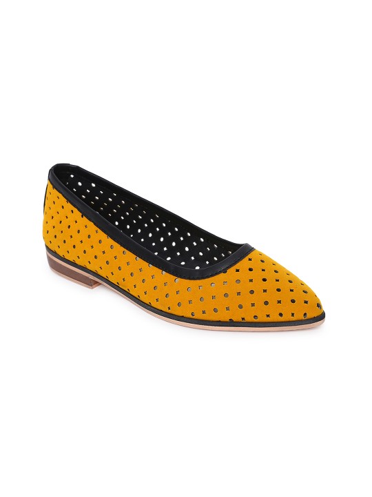 Women Yellow Solid Laser Cut Synthetic Ballerinas 36