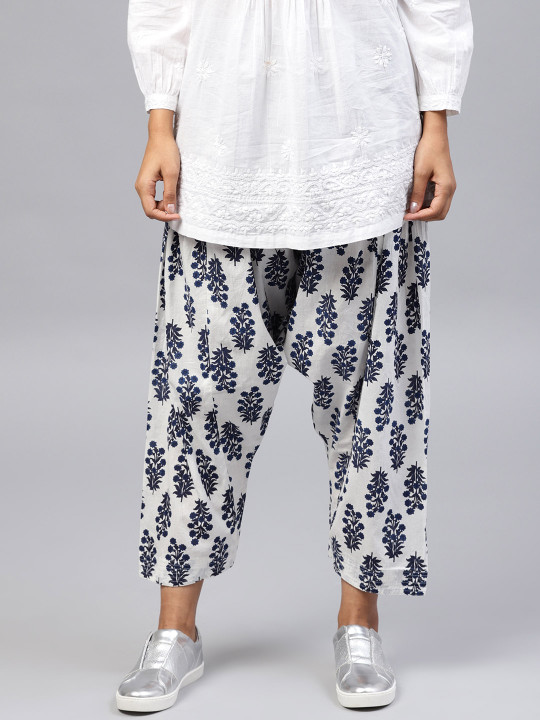Women White &amp; Navy Blue Printed Salwar