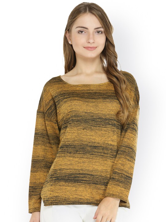 Women Mustard & Black Printed Pullover S