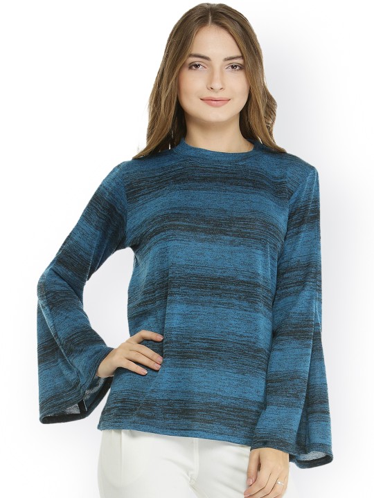 Women Blue & Black Self Design Pullover S