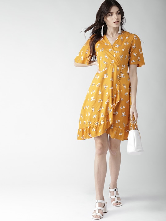Women Mustard Yellow Printed Wrap Dress