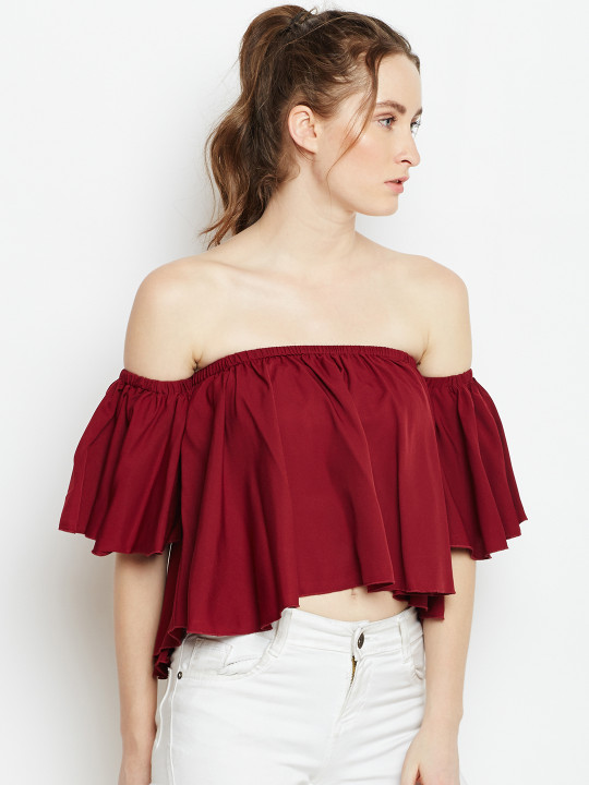 Berrylush Women Maroon Solid Bardot Top