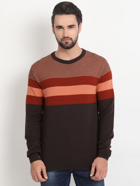 Men Brown & Orange Striped Pullover