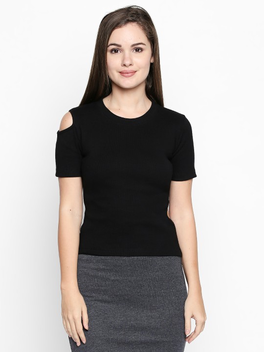 Women Black Solid Ribbed Top S