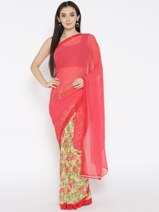 Pink & Yellow Printed Saree