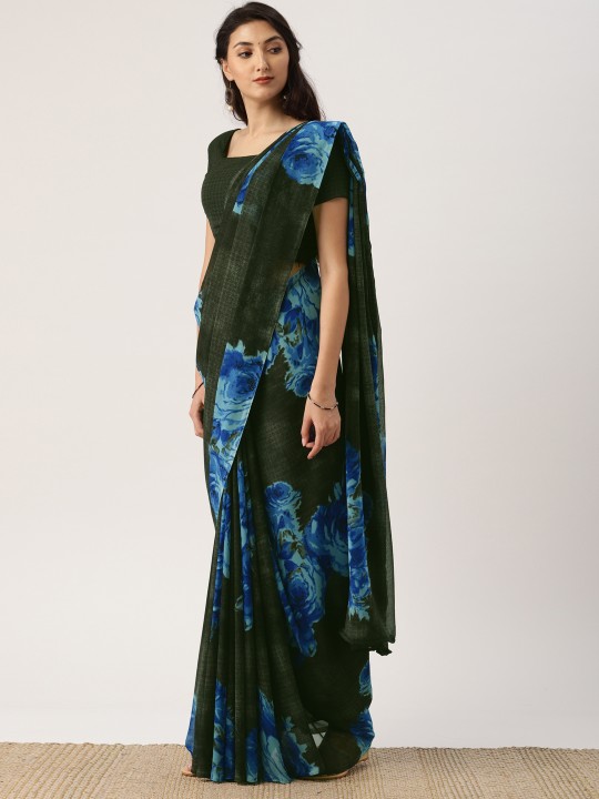 Green & Blue Poly Georgette Printed Saree