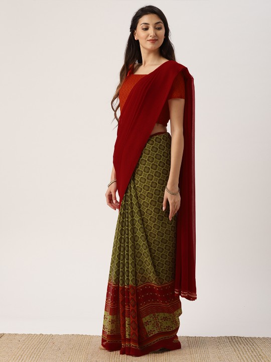 Red & Orange Poly Georgette Printed Saree