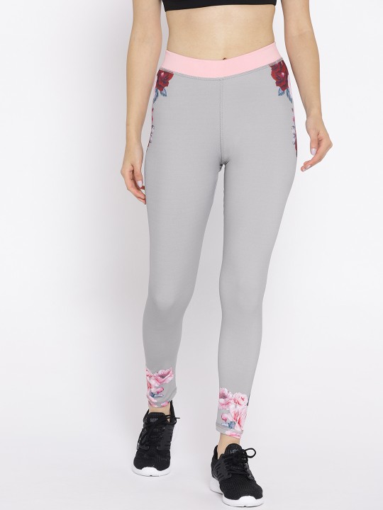 Women Grey & Pink Printed Tights M