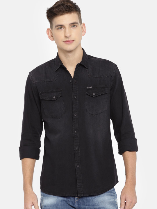 Faded Denim Black Shirt Mens Regular Fit Faded Denim Overshirt