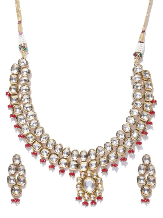 Red 18K Gold-Plated Kundan-Studded Jewellery Set