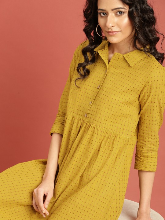 Women Mustard Self Design Empire Dress XS