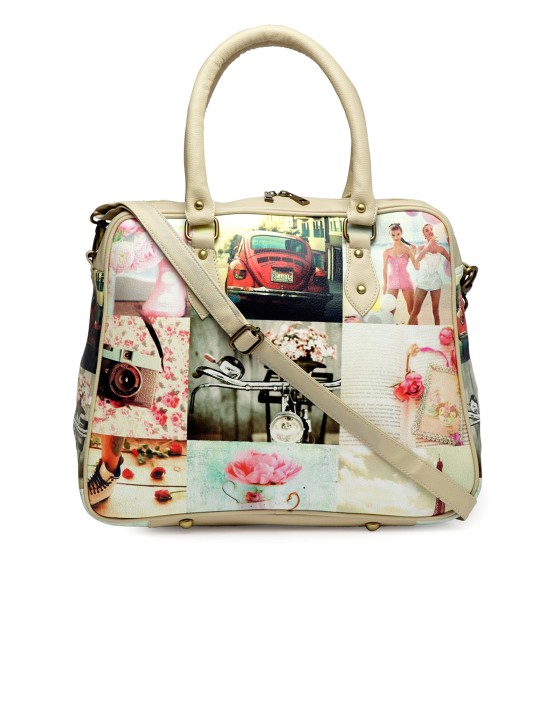 Beige & Red Printed Handheld Bag