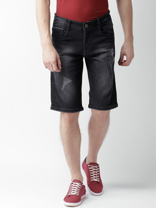 Men Black Washed Slim Fit Denim Shorts 30