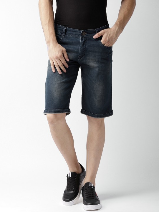 Men Navy Blue Washed Slim Fit Denim Shorts 30