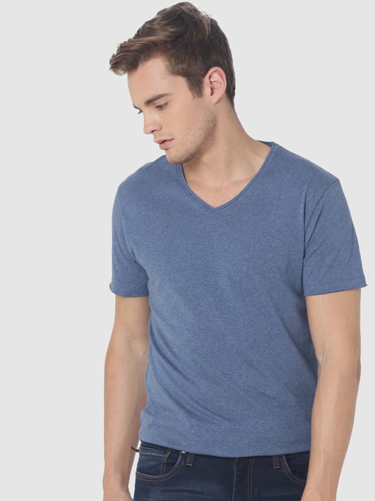 Men Blue Solid V-Neck T-shirt