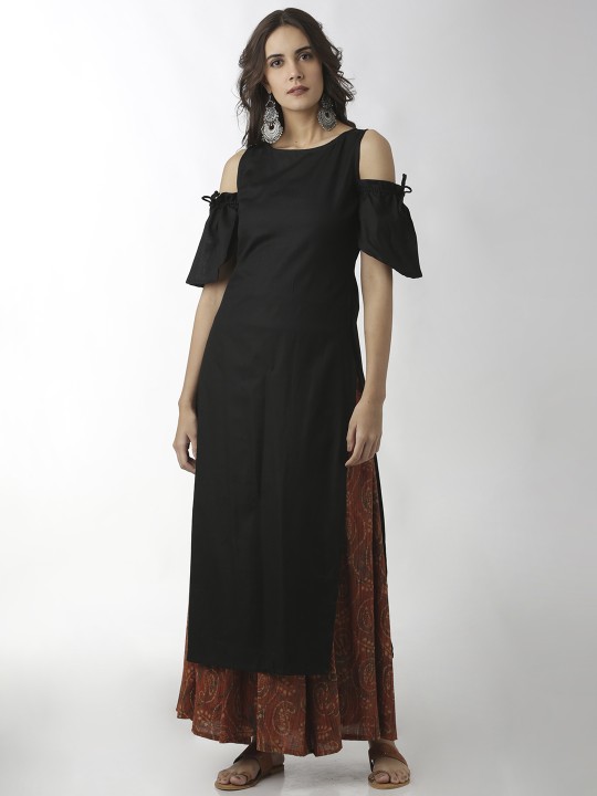 Women Black Solid Linen Straight Kurta XS