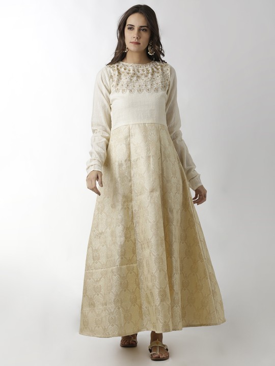 Women Beige Embroidered Anarkali Kurta XS
