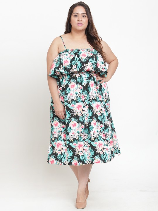 Women Black & Green Printed Fit & Flare Dress XXL