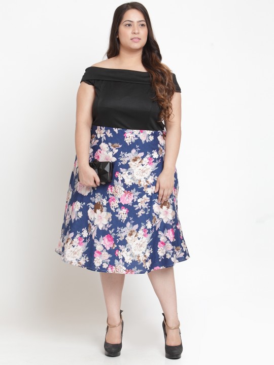Women Black & Blue Printed Fit & Flare Dress XL